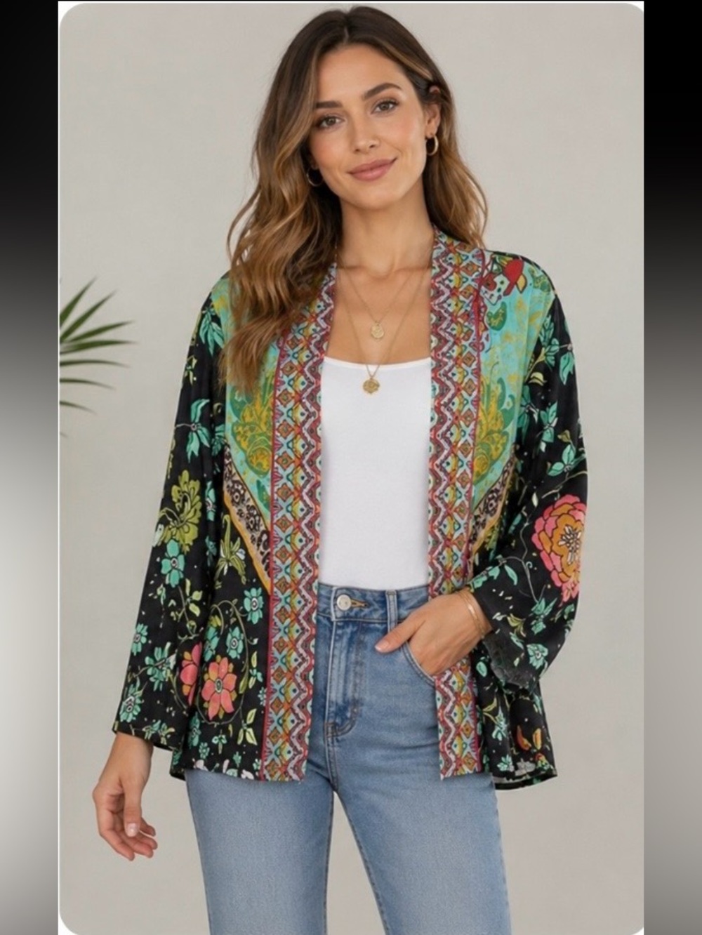 Blank London Boho Floral Print Open Front Kimono Cardigan One Size NWOT
